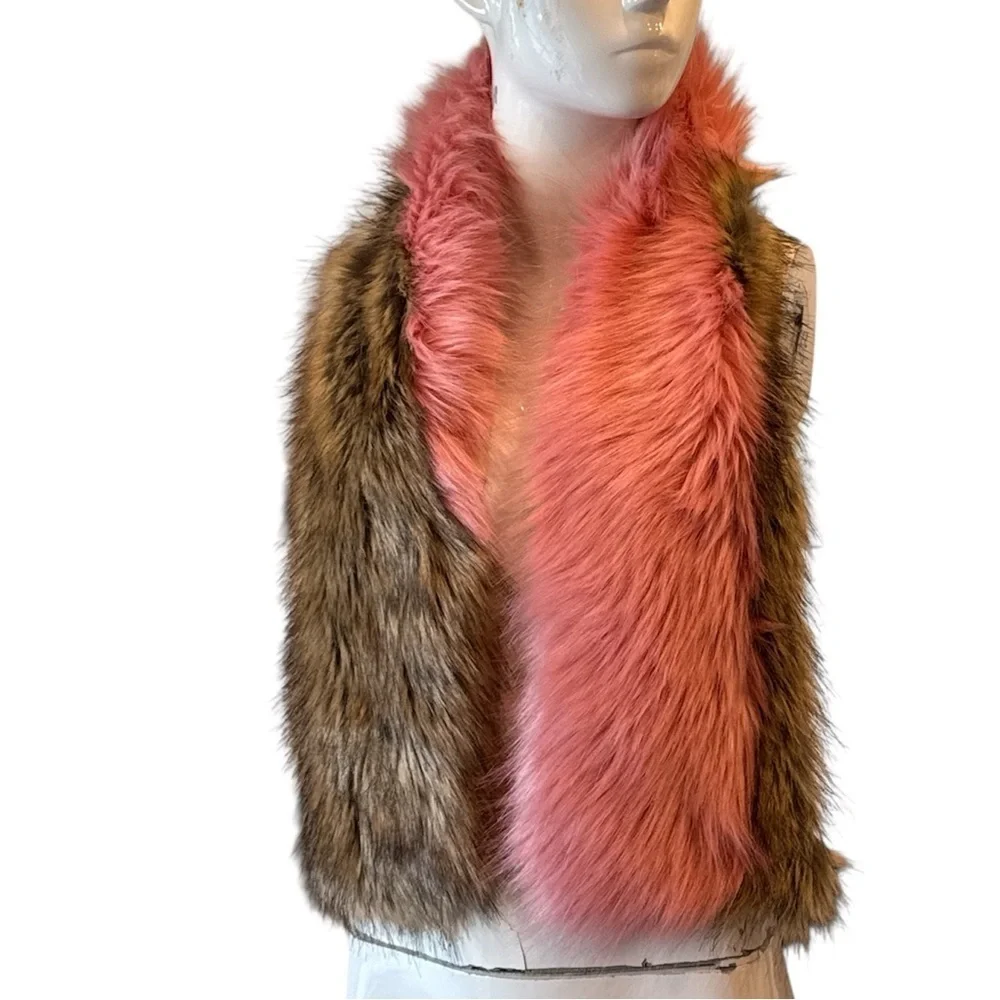 Faux Fur Colorblock Wrap Scarf Pink & Brown Glam Statement Stole Size OS